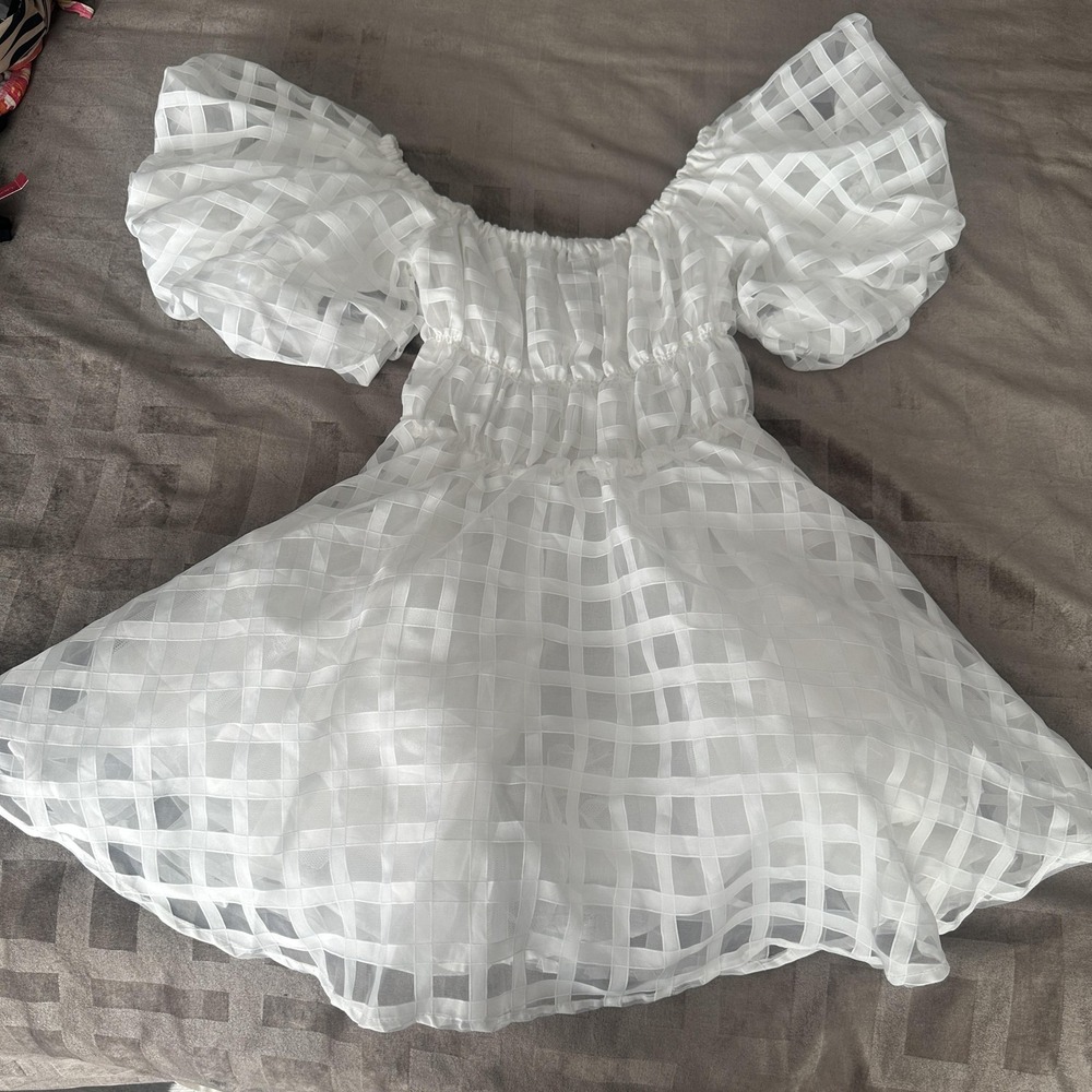 Princess Polly Dress Womens US 6 White Off Shoulder Puff Sleeve Check Mini Tulle